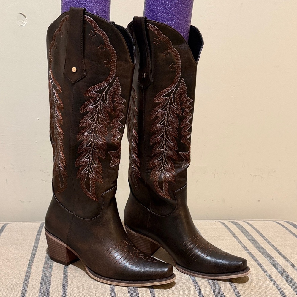 WETKISS Chic Western Brown Pull on Heeled Boots